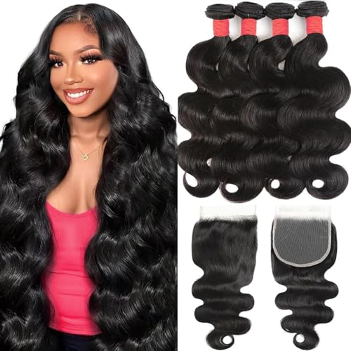 12A Human Hair Bundles with Closure 18 20 22 24+16 Inch Body Wave 4 Bundles Human Hair with 5x5 HD Lace Closure Brazilian Unprocessed Virgin Natural Black
