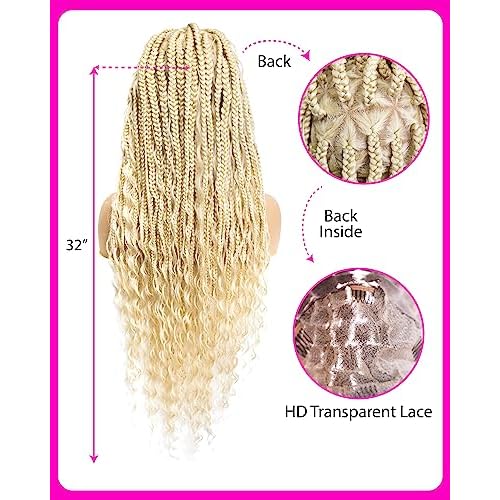 PIB 32'' Single Full Lace Braid Wig ? Boho Box Braided Wig Triangle Parted, Knotless Braided Wigs for Black Women, Synthetic Lace Wigs with Natural Baby Hair (613, Platinum Blonde)