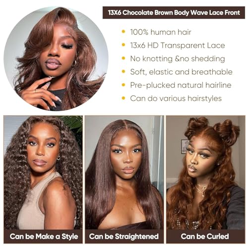 Chocolate Brown Lace Front Wig Human Hair - 13x6 HD Body Wave Brown Lace Front Wigs Pre Plucked with Baby Hair, 180% Density Glueless Colored Brown Frontal Wigs 30 inch