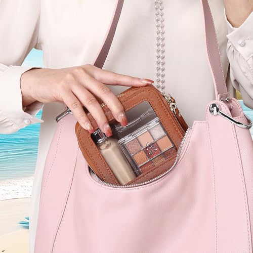Clear Makeup Bag Set Travel Cosmetic Bag and Toiletry Bag Women's Purse Pouch Cosmetic Stroage Organizer Case with Zipper Car Essentials (Brown, M+Mini)