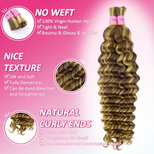 4/27# Human Braiding Hair for Boho Braids 100g Color 4/27# Bulk Deep Wave Human Hair for Braiding Ombre Blonde Brown Highlight 100% Brazilian Human Hair 22inch for Boho Braids 12A