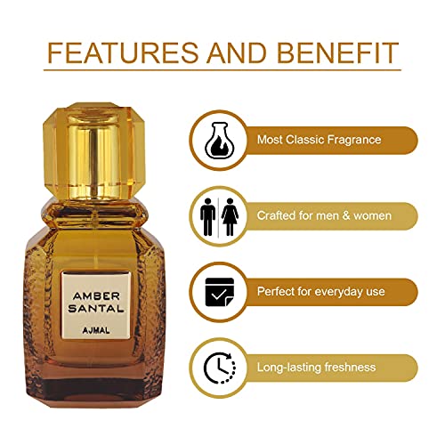 Ajmal Amber Santal Eau de Parfum 3.4 oz / 100 ml ? Unisex Spicy, Woody & Ambery Fragrance with Sandalwood, Incense & Nutmeg | Long-Lasting Luxury from Dubai