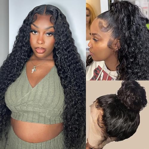 30 Inch 360 Lace Front Wigs Human Hair Pre Plucked Deep Wave 360 Full Lace Human Hair Wigs for Black Women Hd Lace Wig with Baby Hair Around Natural Color