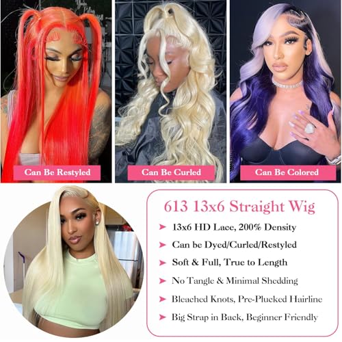 30 Inch 613 13x6 Lace Front Wig Human Hair 200 Density Blonde Wig Human Hair 613 Straight Lace Front Wig Human Hair Pre Plucked 613 Lace Frontal Wig 13x6 HD Transparent Glueless Wigs for Women
