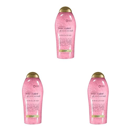 OGX Sensitive + Rose Water & Pink Sea Salt Exfoliating Body Scrub + Rose Quartz, Gentle Exfoliating Daily Body Wash Softens Skin, Body Scrub for Women, Sulfate-Free Surfactants, 19.5 fl oz (Pack of 3)