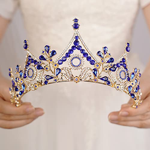 Wekicici Baroque Queen Crown Blue Crystal Tiara Rhinestone Princess Wedding Headband for Women Birthday Pageant Party(Blue)