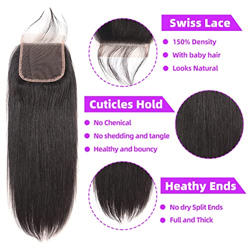 10A Straight Bundles with Closure Human Hair (20 22 24+18) Brazilian Straight Human Hair Bundles with Closure 100% Unprocessed Virgin Remy Straight Hair Weave 3 Bundles with Closure
