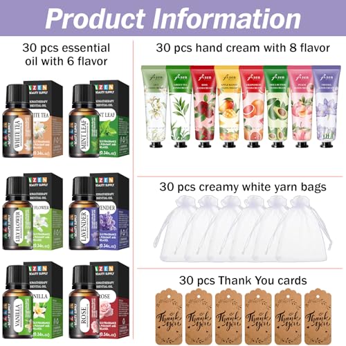 AZEN 30 Sets Bulk Gifts, Hand Cream and Essential Oils Bulk Set with Organza Bag Thank You Card, Baby Shower Wedding Gifts for Guests, Bridal Wedding Favors for Guests,Thank You Gifts for Women