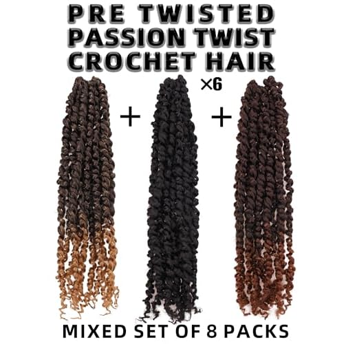 14 Inch 8 Packs Passion Twist Crochet Hair Pre looped-Mixed Color Combo Pack(6 packs 1B+ 1 pack T1B/27+1 pack T1B/30)Pre-twisted Pre Looped Soft & Bouncy Synthetic Braided Hair Extensions (1B+T27+T30)
