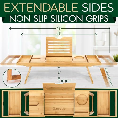 SereneLife Bath Caddy Breakfast Tray Combo with Gift Box-Natural Bamboo Wood Waterproof Bath Tub Caddy and Bed Tray with Folding Slide-Out Arms,Device Grooves,Wine Glass and Soap Holder