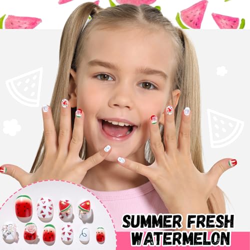 FANDAMEI Press on Nails for Girls, 6 Styles 144PCS Press on Nails for Kids, Little Girl Nails Press on Short Round with Nail Charms and Gems, Fake nails for Kids, Girls with Adhesive Tabs