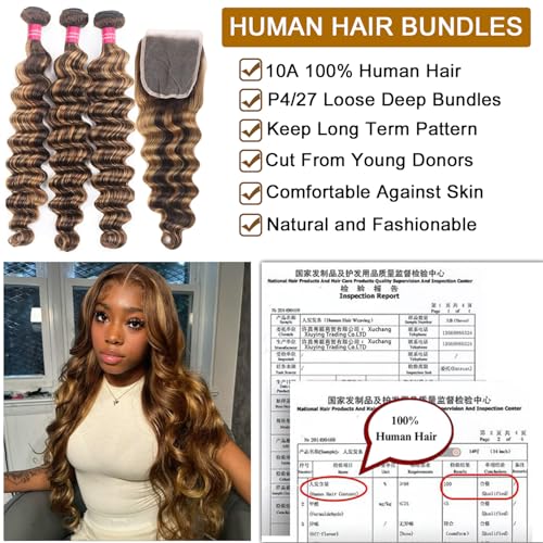 Loose Deep Wave Human Hair Bundles With Closure 20 22 24+20inch Ombr? Highlight Bundles Human Hair with 4x4 Lace Closure Highlight Brown Blonde Colored