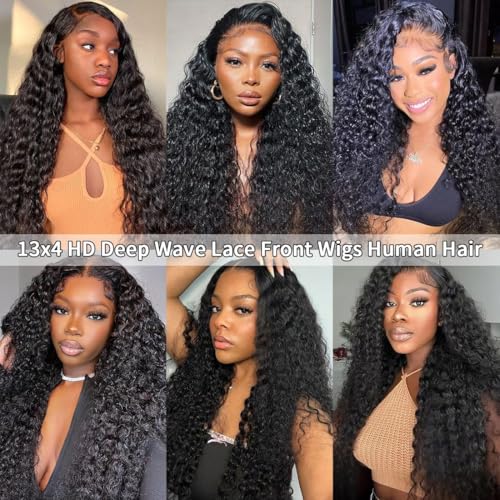 13x4 Deep Wave Lace Front Wigs Human Hair 28 Inch HD Transparent Human Hair Lace Frontal Wigs for Women 200% Density Deep Curly Lace Front Wigs with Baby Hair Pre Plucked Glueless Deep Wave Wig