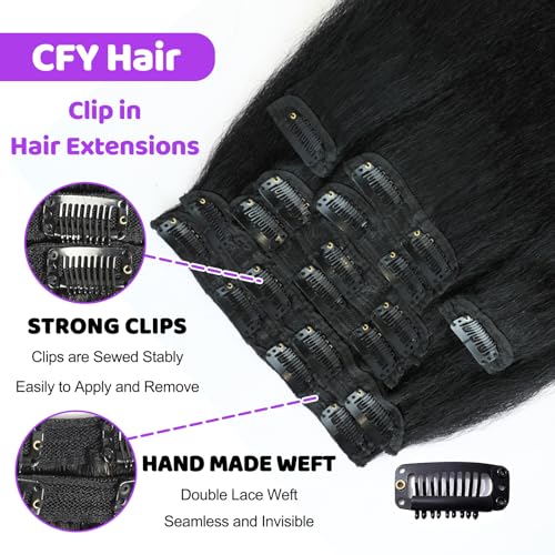 16 Inch Kinky Straight Clip ins 8Pcs 110g Clip in Hair Extensions Real Human Hair Yaki Straight Clipins for Black Women Full Head Brazilian Remy Hair Extensions Double Weft 20 Clips