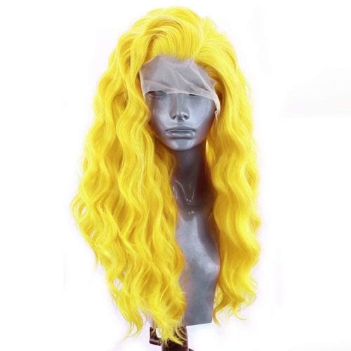 RONGDUOYI RDY Lemon Yellow Fashion Lace Front Wigs for Women Pre Plucked Body Wave Synthetic Wig with Free Part Natural Hairline Wig Cosplay Party Makeup Wigs 24Inches