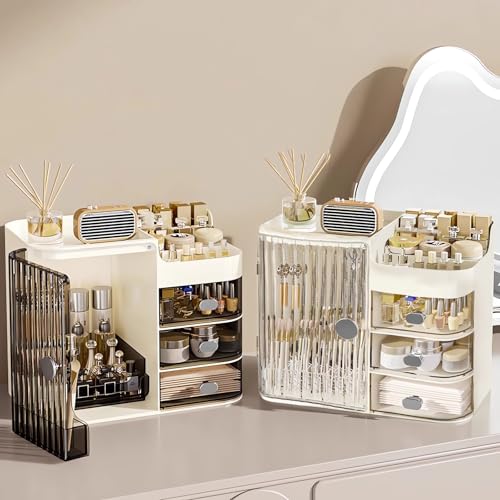 DASITON Makeup Organizer for Vanity,Large Capacity Makeup Storage Organizer with 3-Layer Drawers and Mirror,Cosmetics Display Case Make up Organizers for Vanity,Bedroom,Countertop(Black-Cream)