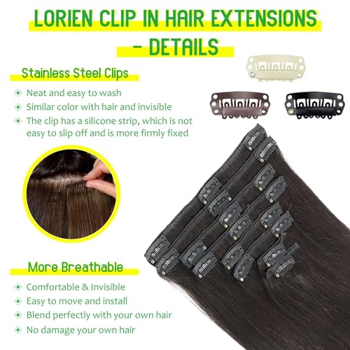 LORIEN Clip in Hair Extensions Real Human Hair, 18 Inch 100g/3.6oz, 1B Natural Black, Clip in 100% Brazilian Remy Human Hair Extensions 8pcs Per Set with 18 Clips Double Weft