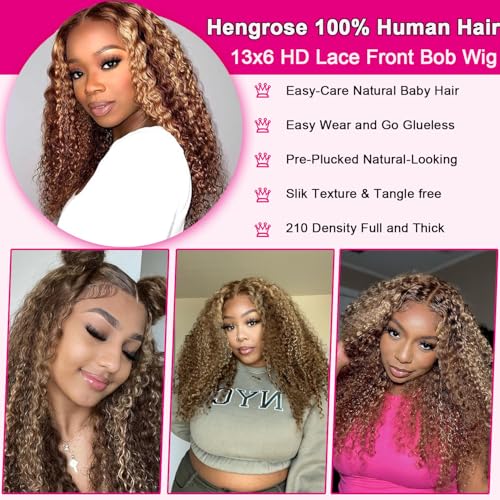 Bob Wig Human Hair 13x6 Deep Wave Hd Lace Front Wigs Human Hair Glueless 210 Density P4/27 Ombre Highlight Wig Pre Plucked With Baby Hair Short Bob Wigs For Black Women 18 Inch