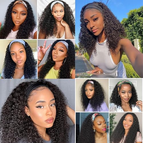 AEDNX Headband Wig Human Hair Curly Wigs for Black Women 26 inch Wigs Human Hair Glueless Wear and Go None Lace Front Wig Headband Wigs Machine Made 150% Density Natural Color