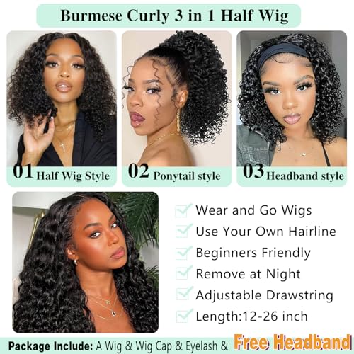 Canaryfly Burmese Curly Half Wigs for Women,3 In 1 Seamless Curly Human Hair Flip Over Half Wigs with Drawstring And Spiral End,200% Density Wear And Go Glueless Headband Wig,Beginner Friendly(26inch)