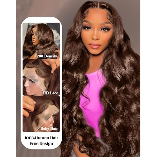 13x6 Lace Front Wigs Human Hair 34 Inch 200 Density Chocolate Brown HD Lace Front Wig Body Wave 4# Colored Wigs Human Hair Real | Soft Non-shedding Non-tangling Full Length No Peculiar Smell