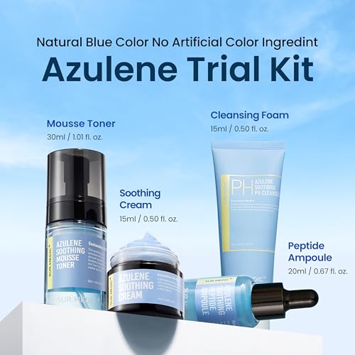 SURMEDIC AZULENE Soothing Trial Kit, Korean Skincare, Airplane-Friendly Travel Size Mini Set, Facitl Kit Gift for Women with Moisturizer, Cleanser, Toner, Ampoule, Cream