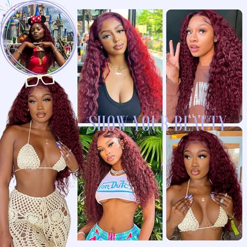 Estilar 99j Burgundy Lace Front Wigs Human Hair Red Deep Wave Lace Front Wigs Pre Plucked with Baby Hair 200 Density Glueless Curly Wig for Women 26 Inch