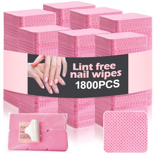 1800Pcs Lint Free Nail Wipes, Pink No Lint Nail Wipes for Gel Nails Lint Free Polish Remover, Wipe Off Eyelash Extension Glue, Nail Cleaning Pad Supplies