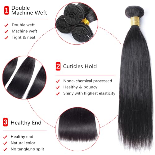 Hair Bundles Straight Bundles Human Hair 100% Unprocessed Virgin Brazilian Raw Remy Human Hair 3 Bundles 22 24 26 Inches Straight Human Hair Weft Natural Black Color for women