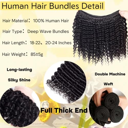 Human Hair Bundles 20 22 24 Inch Deep Wave Bundle 12A Brazilian 100% Unprocessed Virgin Human Hair 3 Bundles Deep Curly Wet and Wavy Human Hair Quick Weave Extensions for Women Natural Black