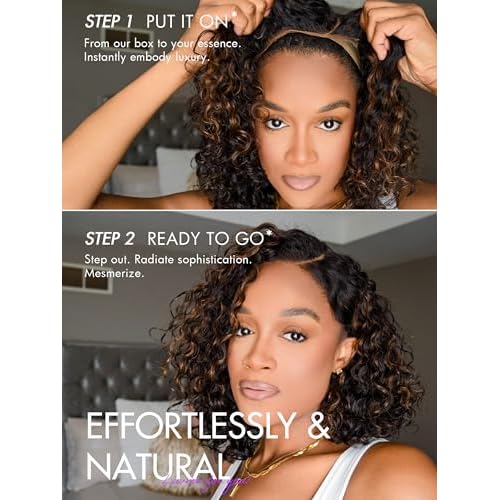 LUVME HAIR 12" Curly Glueless Wigs Human Hair Pre Plucked Pre Cut, Undetectable HD Lace Curly Bob Wig Human Hair Short Black Wig with Blonde Highlights Ready to Go Wig 180 Density