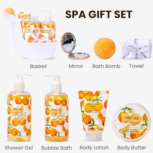 Luxury Spa Gifts for Women ? 8 Pc Citrus Scented Bath and Body Set with Bubble Bath, Lotion & More ? Luxury Self Care Kit for Wife, Mom, Girlfriend, Birthday Gifts for Women by Draizee