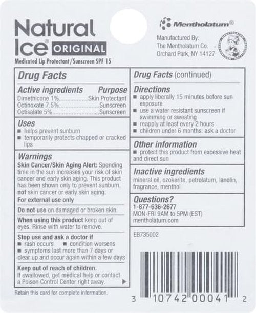 Mentholatum Natural Ice Lip Balm Original SPF 15 1 Each (Pack of 5)