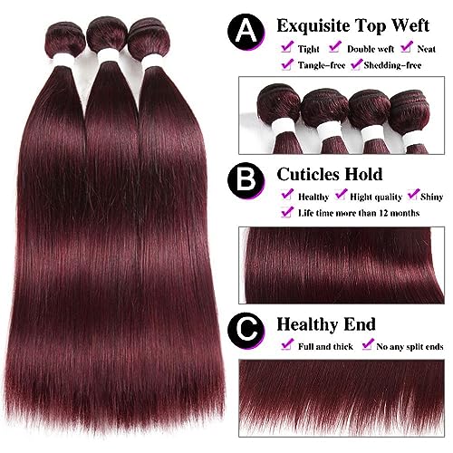 Remy Hair: Burgundy Brazilian Virgin Straight Hair Bundles 16-20 Inch, Double Weft Unprocessed Human Hair Extension Sets - Auburn