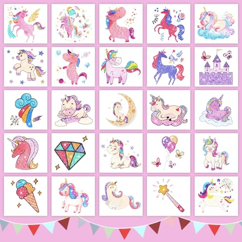 Partywind Glitter Temporary Tattoos for Kids Girls, Birthday Party Supplies Favors Decorations, Kids Goodie Bag Stuffers, Fake Tattoo Stickers for Back to School Party Games Prizes (50 Sheets)