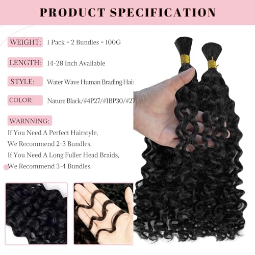 Belaved Human Braiding Hair for Boho Braids 2 Bundles 100g Water Wave Bulk Boho Knotless Braids 18 Inch Natural Color Curly Bohemian Wet and Wavy Human Hair Extensions No Weft