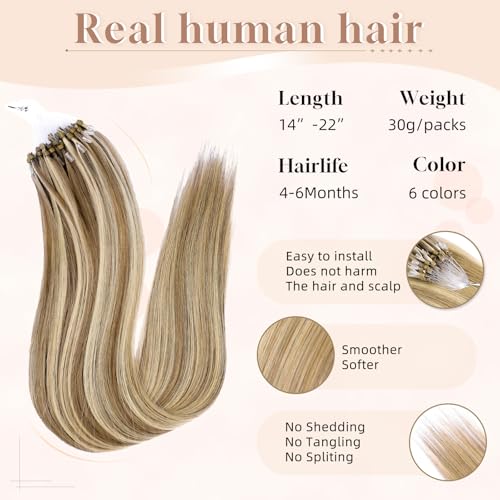 Microlink Hair Extensions Human Hair 18613 Blonde 30g/43s/Pack 14inch Microbead Micro Loop Hair Extensions Real Human Soft and Glossy Longer Life
