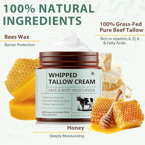 Beef Tallow for Skin, Tallow and Honey Balm, Natural Whipped Tallow Cream for Face & Body Moisturizer, Tallow Cream with Honey & Beeswax, Body Lotion Skin Care for Sensitive Skin, 4.2 oz