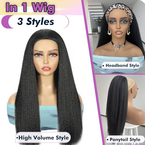 Synthetic Half Wig, 3 In 1 Yaki Straight Wig For Black Women, Seamless Flip Over Half Wigs Glueless Wear and Go Beginner Friendly Black Yaki Straight Drawstring Headband Wig 22 Inch