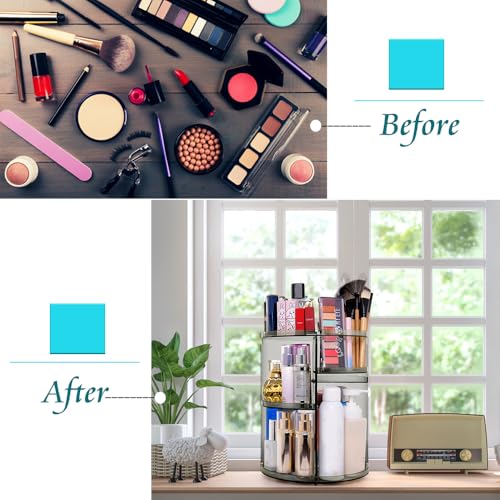 sanipoe 360 Rotating Makeup Organizer, Spinning Skincare Organizer,Cosmetic Display Case with Brush Holder Perfume Tray, Multi-Function Storage Carousel for Vanity Bathroom Countertop