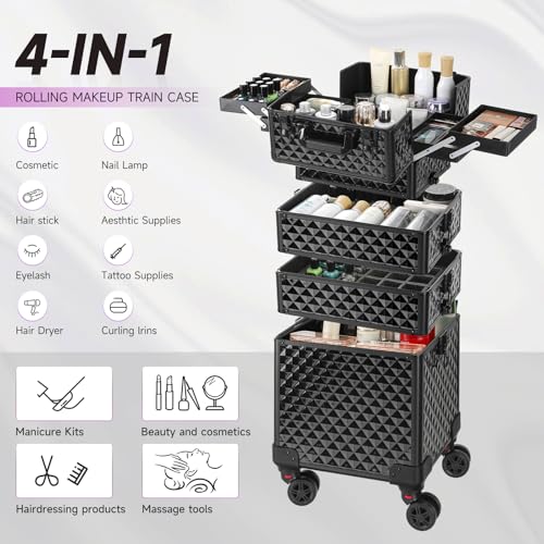 Leeora&Leekoo Portable Multi-Storey Nail Case for Nail Tech Organizer - Wheels Makeup Case Organizer, Cosmetic Case, Makeup Train Case, Make Up Case 8036(Black)