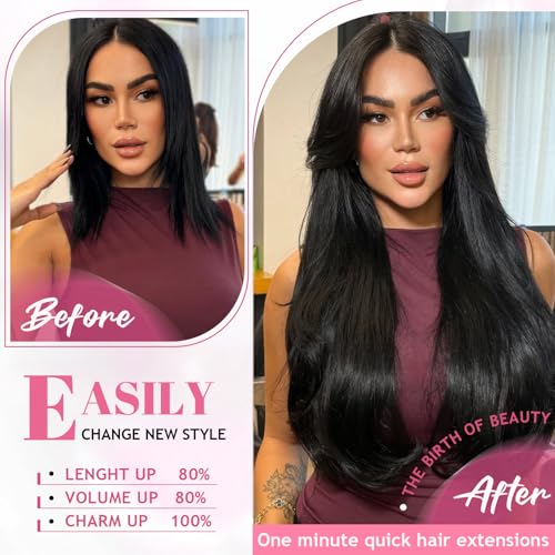 Clip in Hair Extensions Real Human Hair,100% Brazilian Remy Human Hair Clip ins for Women, Straight Seamless Double Weft Hair Extensions, Invisible 8pcs, 14 Inch 80g, #1B Natural Black