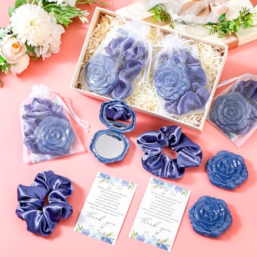 XunYee 30 Sets Bridal Shower Favors for Guests 30 Rose Compact Mirror Bulk 30 Hair Ties Satin Elastic Scrunchies 30 Thank You Card and Organza Bags Souvenir Gift for Wedding Party Favors (Dusty Blue)