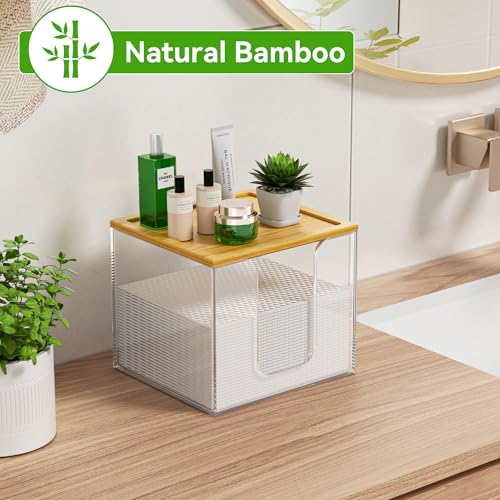VITVITI Disposable Face Towel Holder Box, Acrylic Facial Towel Container for XL Clean Skin Club, Large Disposable Face Towels Storage with Bamboo Lid, for Bathroom, Vanity Makeup, Clear
