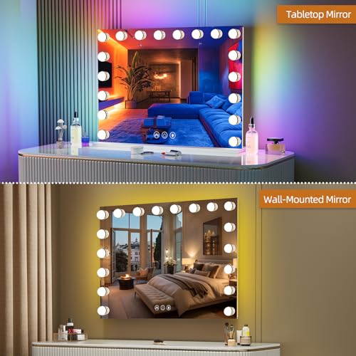 Misavanity Vanity Mirror with RGB Backlight 32¡¯¡¯x23¡¯¡¯ LED Makeup Mirror with 18 Dimmble 3 Color Modes Bulbs Light up Mirror with 10X Magnification and Smart Touch, White