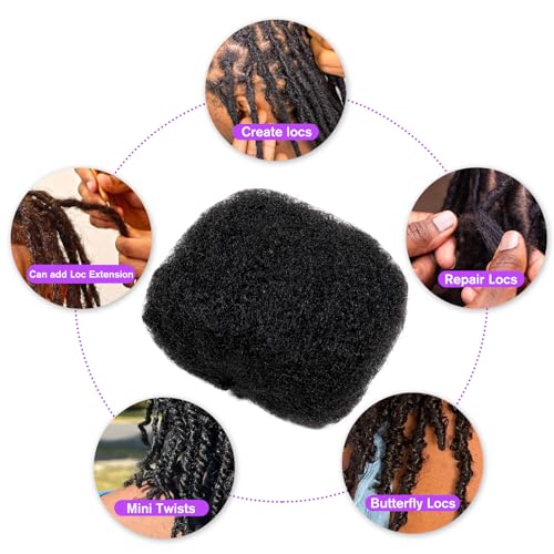 Tight Afro Kinky Bulk Human Hair for Dreadlock Extensions 100% Human Hair,16" 150g (5 Packs 30g),Natural Black #1B,Repair Extensions,Making Locs or Braids, with Needles and Hairpin