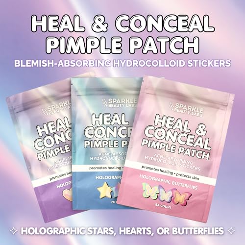 Heal & Conceal Pimple Patch - Cute Holographic Star Shaped Acne Patches, Fun Hydrocolloid Zit Stickers for Face (Iridescent Stars, 78 Count)