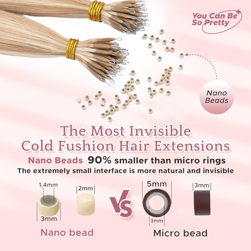 SEGO Nano Tip Hair Extensions Human Hair, Nano Beads Balayage Seamless Highlight Pre-bonded Extensions for Women, 0.7g/strand, 50 strands 35g/pack -20 Inch#18RP613R Ash Blonde&Bleach Blonde