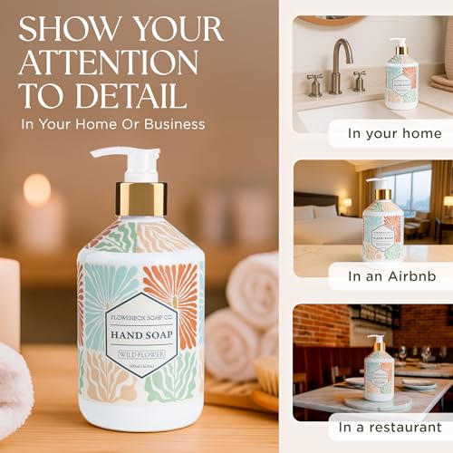 FlowerBox Liquid Hand Soap with Pump ? Set of 4 Scented, Decorative Hand Soap Dispensers for Bathroom and Kitchen ? 500 mL Luxury Floral Mosaic Bottles, Gift Pack