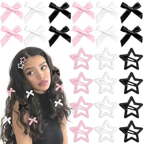 24PCS Bow Hair Clips - 3 Colors Satin Mini Hair Bow Clips Y2K Star Barrettes Bowknot Metal Snap Hair Accessories for Women Girls, Black